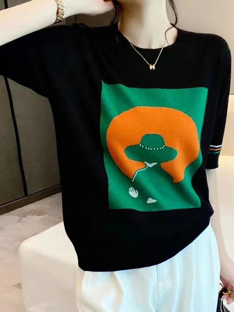 

Женский трикотажный топ с круглым вырезом и коротким рукавом