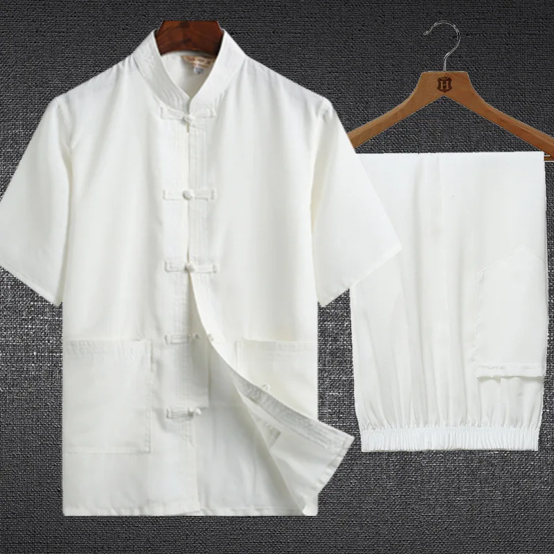 Plus size cotton linen men Tang suit short-sleeved trousers suit Chinese style Hanfu traditional kung fu Tai Chi Uniform