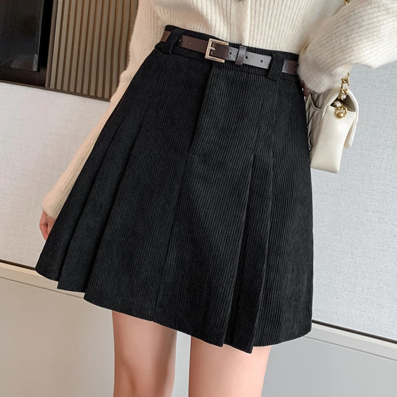 

New Autumn Winter Corduroy Skirts Womens Fashion High Waist A-line Pleated Mini Skirt Female Casual Black Short Skirts Faldas 2