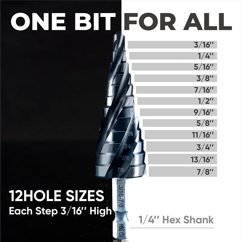 Punta Da Trapano A Gradino Da 3/16''-7/8'' Per Metallo, Punta Da Trapano A Gradino Per Flauto A Spirale 1 Pezzo, Rivestimento In AlTiN Resistente - Foto 6