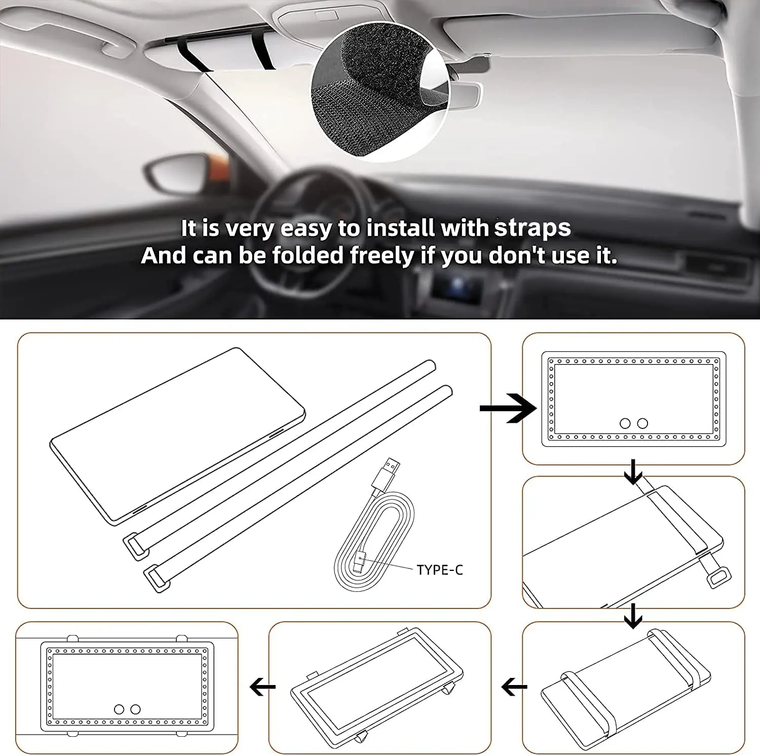 Car Sun Visor Vanity Mirror Cosmetic Mirror Rechargeable Makeup Mirror with 3 Light Modes 60 Leds Dimmable Clip-on Rear Wireless
