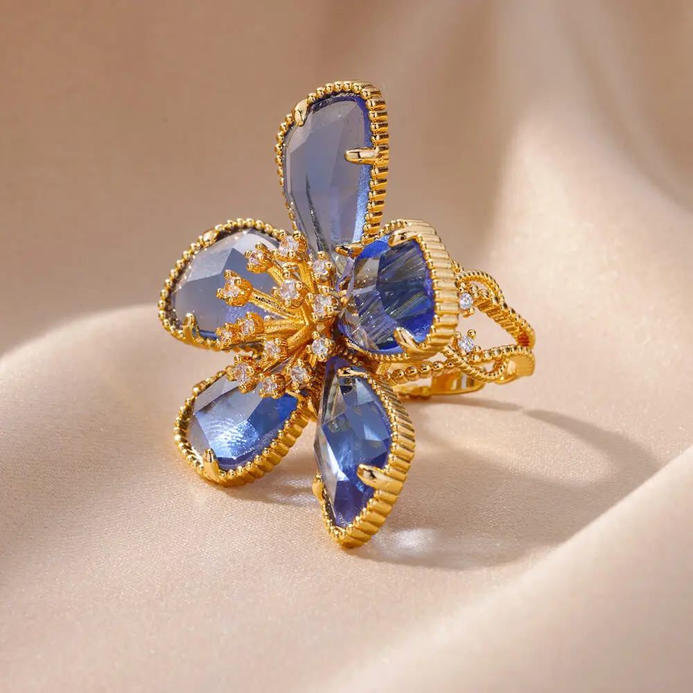 Zircon Flower Rings Women Adjustable Stainless Steel