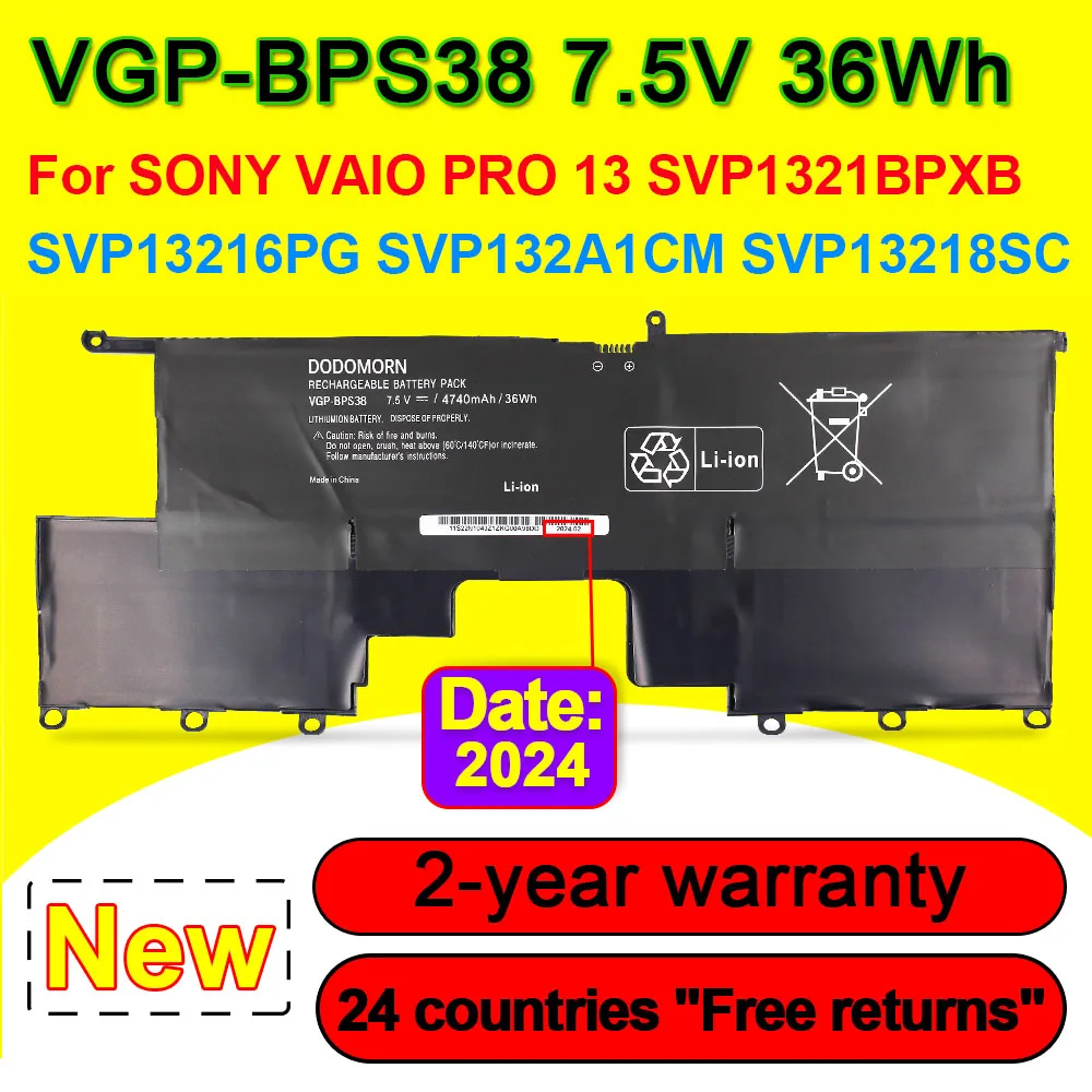 

For SONY VAIO PRO13 SVP1321BPXB SVP13216PG SVP132A1CM SVP11217SCS VGP-BPS38 BPS38 Laptop Battery 7.5V 36Wh 4740mAh High Quality