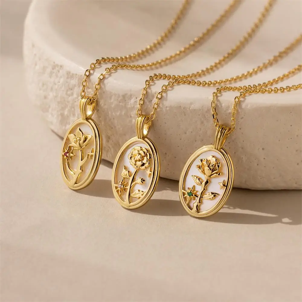New 12 Month Birth Flower Pendant Neckalce Stainless Steel Oval White Opal Multicolored Zircon Gold Color Choker Birthday Gifts