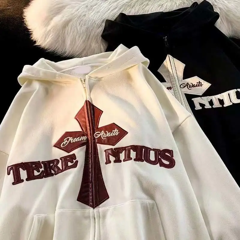 

Women's High Street Cross Embroidery Hooded Sweater Coat
