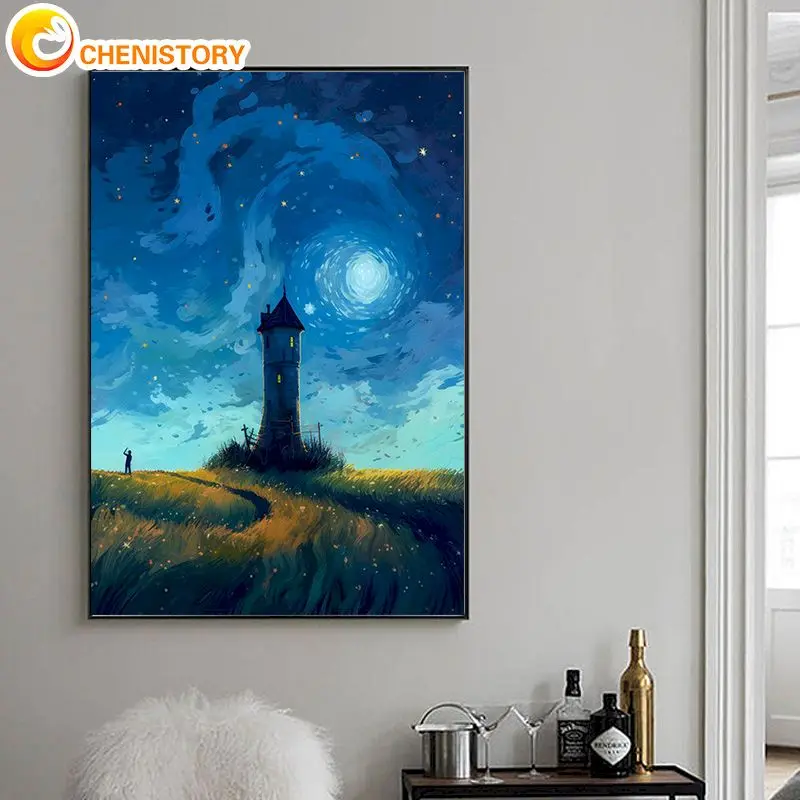 

CHENISTORY Painting By Number Starry Sky Lighthouse Scenery Kits For Adults Handpainted Pictures By Number Home Decoration Gift
