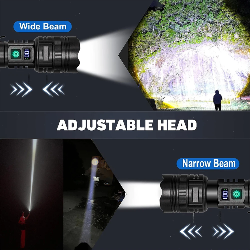 USB 충전식 휴대용 LED 손전등, 매우 밝은 램프, 다기능 배터리 디스플레이 랜턴, 펜꽂이 토치