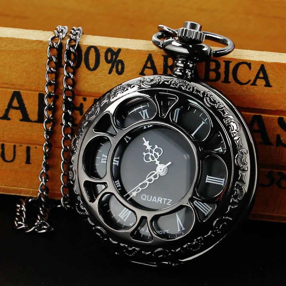 New Hollow Black Vintage Quartz Pocket Watch Alloy Material Casual Fashion Steampunk Pockets Chain Watches Gift For Men Women