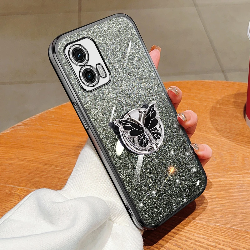 

Case For Motorola Moto G73 G72 G82 G60 G53 G52 G50 G42 G32 G30 G22 G13 E13 Gradient Glitter Butterfly Bling Folding Stand Cover
