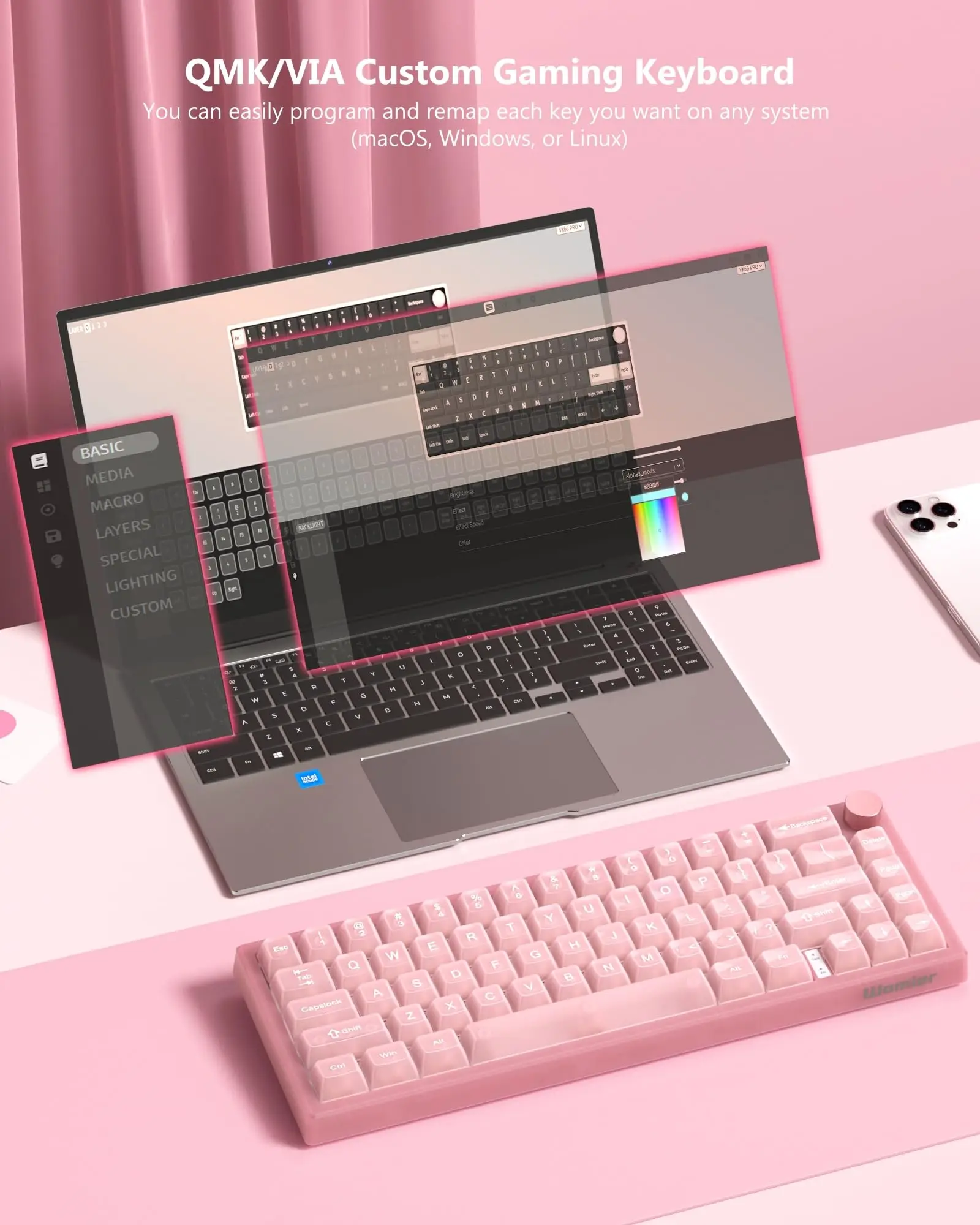 Womier VK66 Pro 유선 기계식 키보드 VIA 지원 가스켓 마운트 RGB 핫 스와핑 키보드 노브 포함