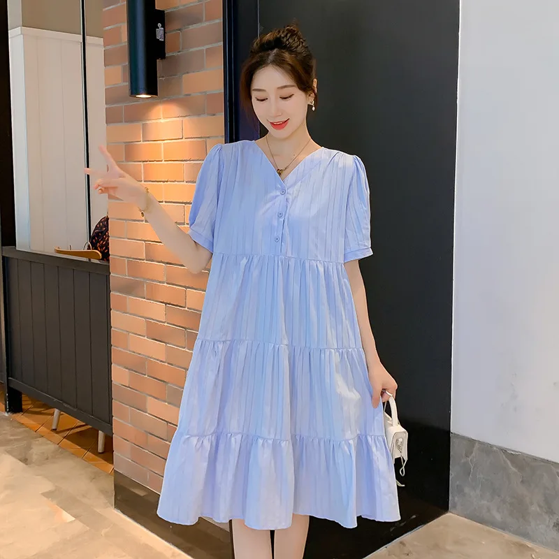 

2024 Summer Maternity V-neck Dress Fashion Elegant A Line Loose Clothes for Pregannt Women Pregnancy Clothing
