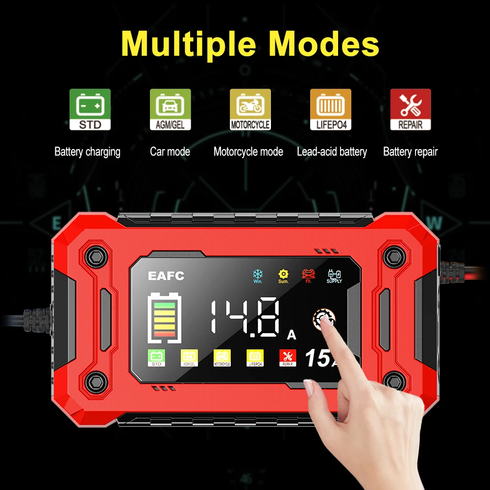 Advanced 12V Smart Battery Charger with 15A/8A Pulse Repair and Large Display for Lead Acid, AGM, and GEL Batteries