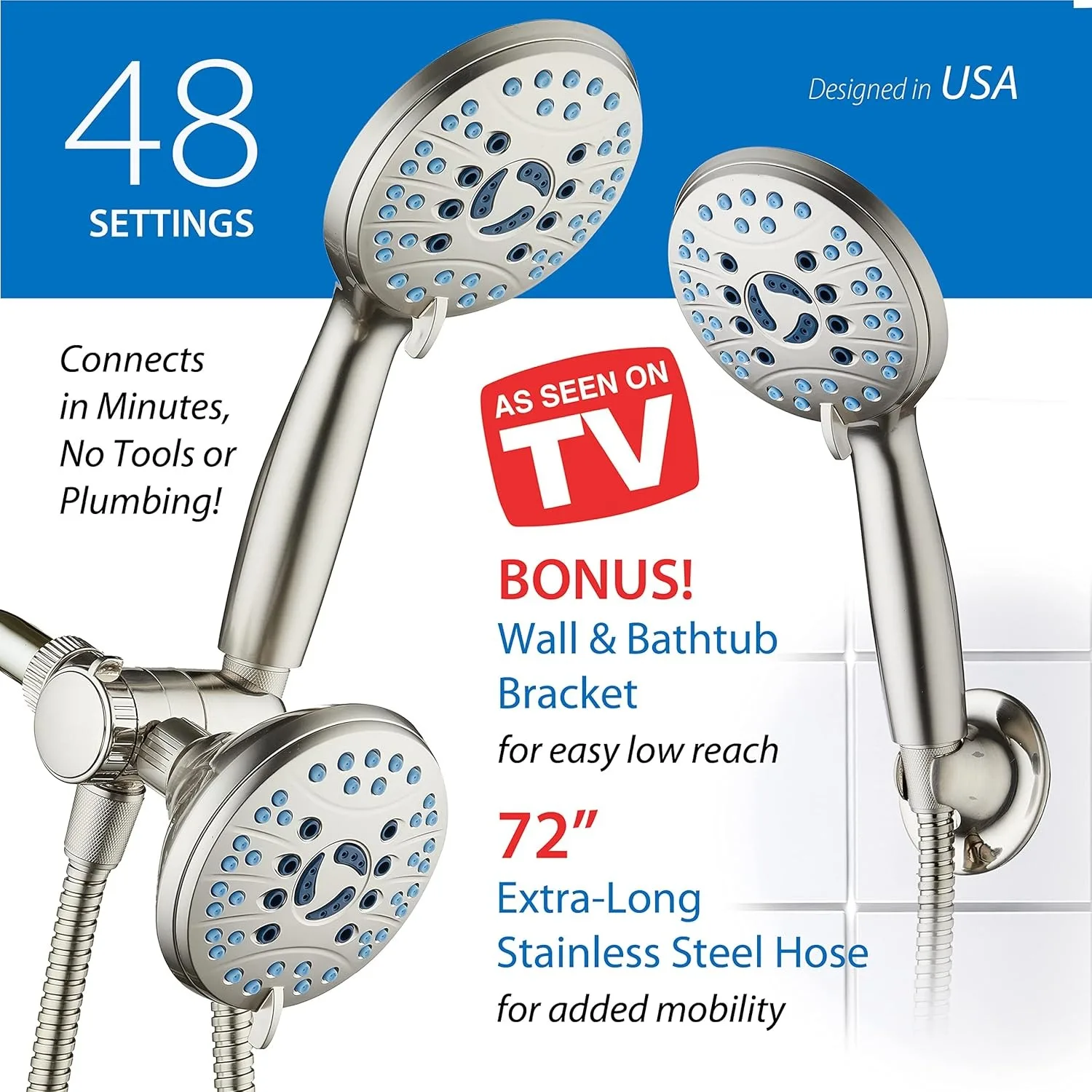 High Pressure 48-setting Rain & Handheld 3-way Shower Head Combo - Anti-clog Nozzles/Tub, Tile & Pet Power Wash/Extra Long 6 ft. 4