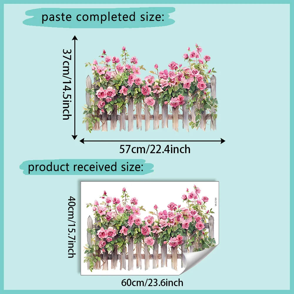 Pink Rose Fence Flowers Wall Art Decor Living Room Self Adhesive Wall Stickers for Bedroom Office Decoration