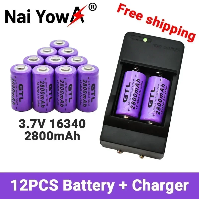 

Batteries Li-ion 2800 rechargeables 3.7V, 16340 mAh, pour lampe de poche LED, chargeur mural de voyage, CR123A 16340