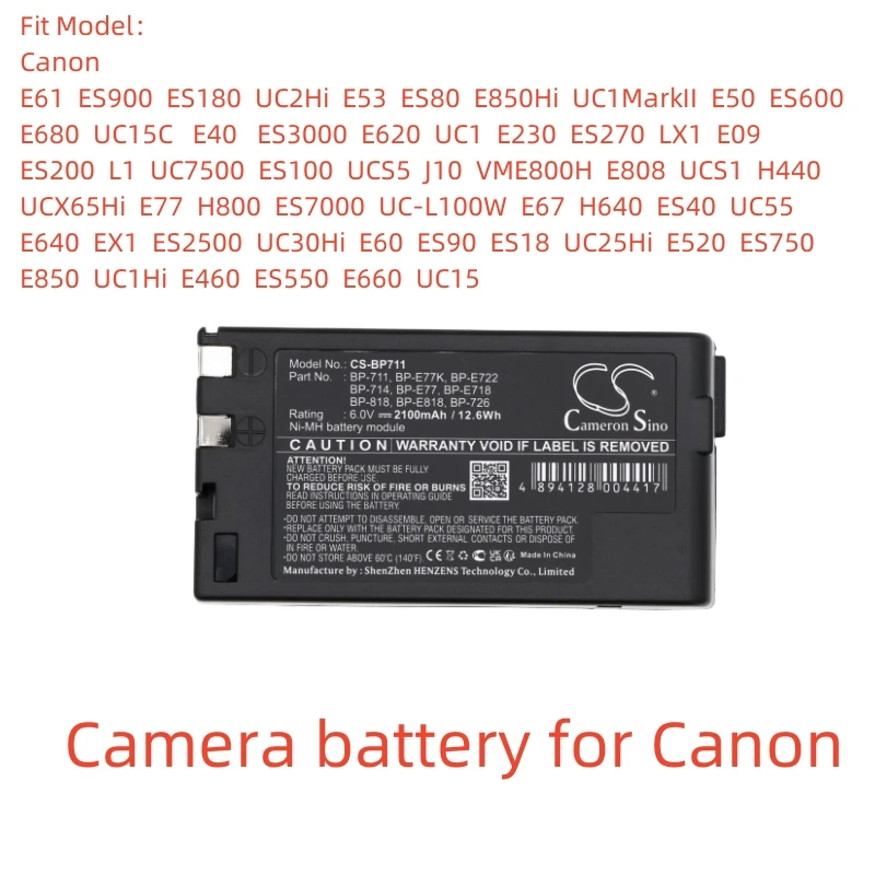 

Ni-MH Camera battery for Canon,6.0V,2100mAh,ES900,ES180,UC2Hi,E53,LX1,L1,J10,VME800H,H800,VTLC50,EQ305,H660,VME77