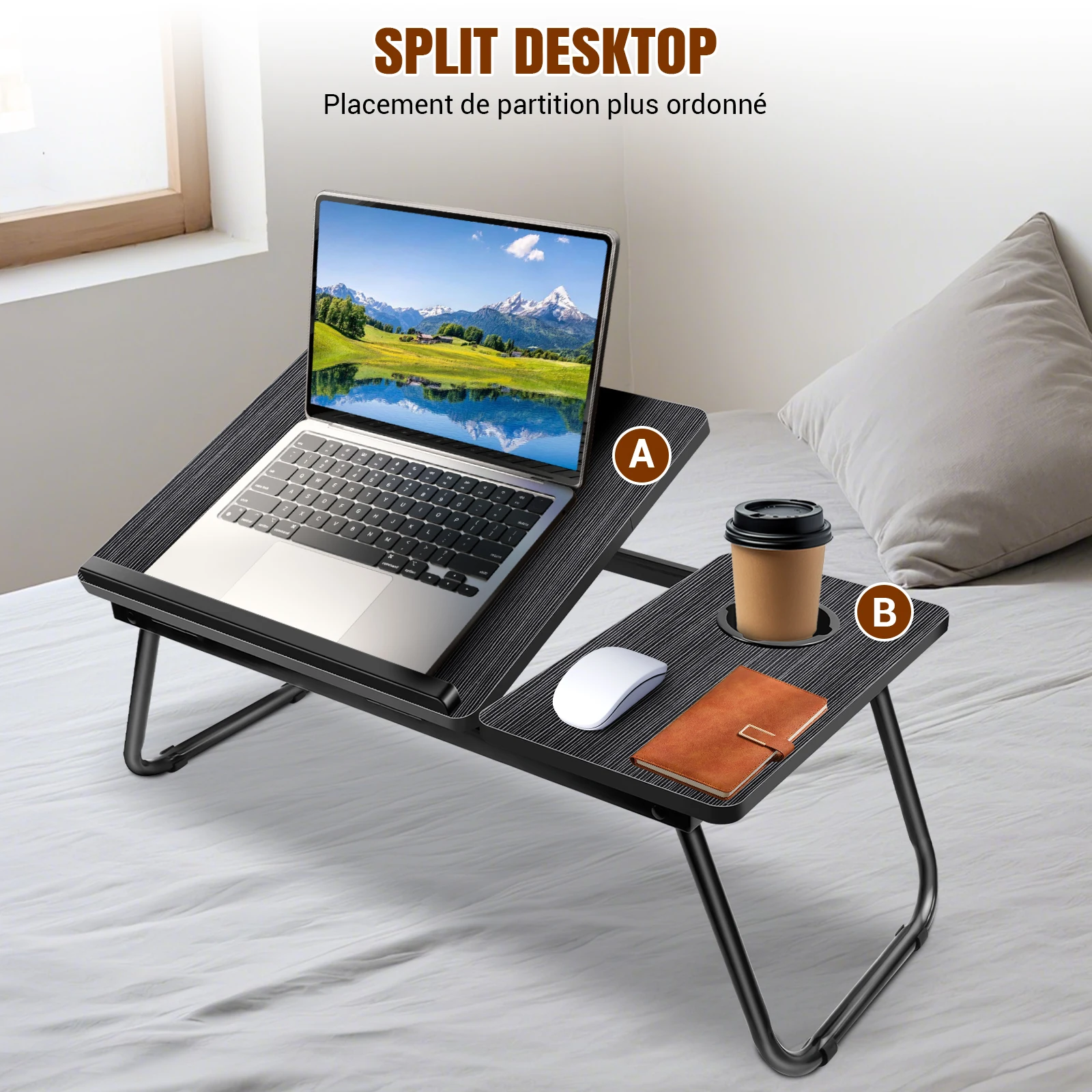 Table de lit pour ordinateur portable, bureau réglable pour ordinateur portable avec pieds pliables, porte-gobelet et support pour livre, plateau de table pour le bureau à domicile, les études et la lecture
