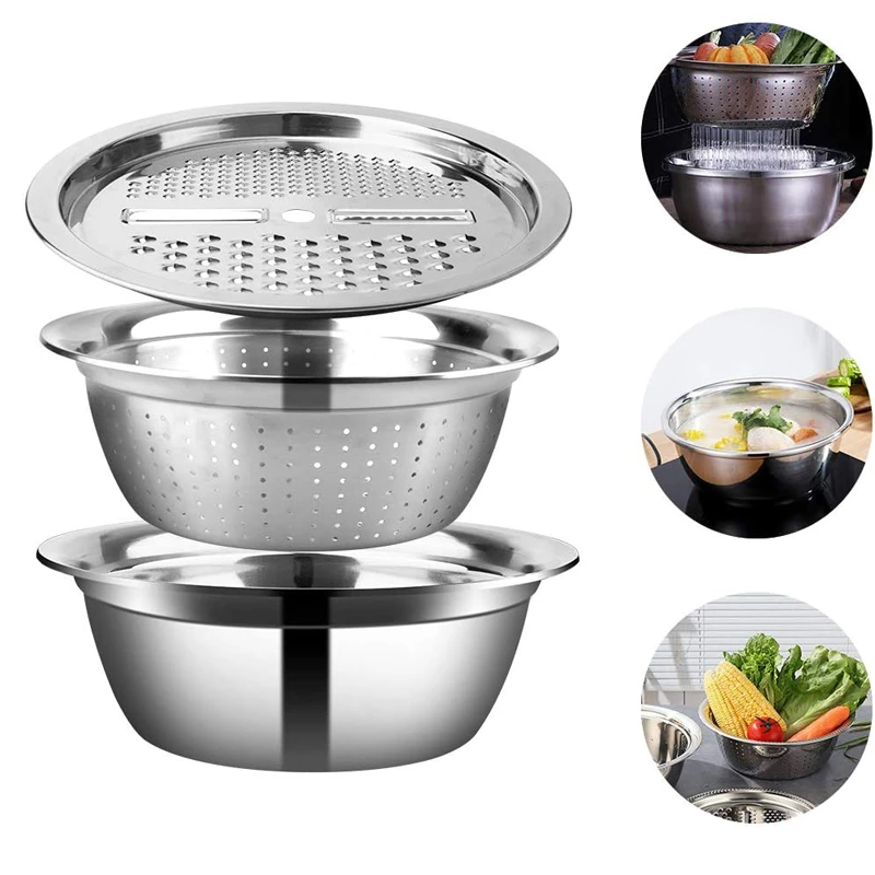 Vegetable slicer 3 In 1 vegetable slicer cutter drain basket stainless steel vegetable julienne grater salad maker bowl kitchen accessories