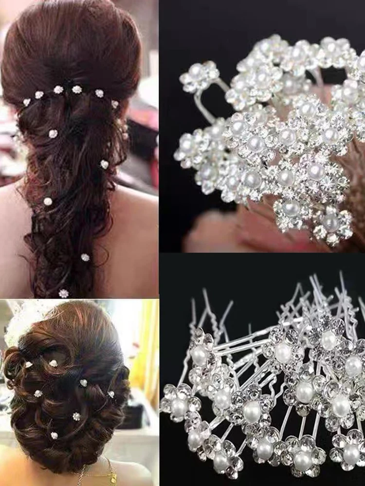 Legierung Perle U-förmige Haarnadel Braut Platte Haar Gabel Perle Blume Intarsien Kristall Haarnadel – Detail 2