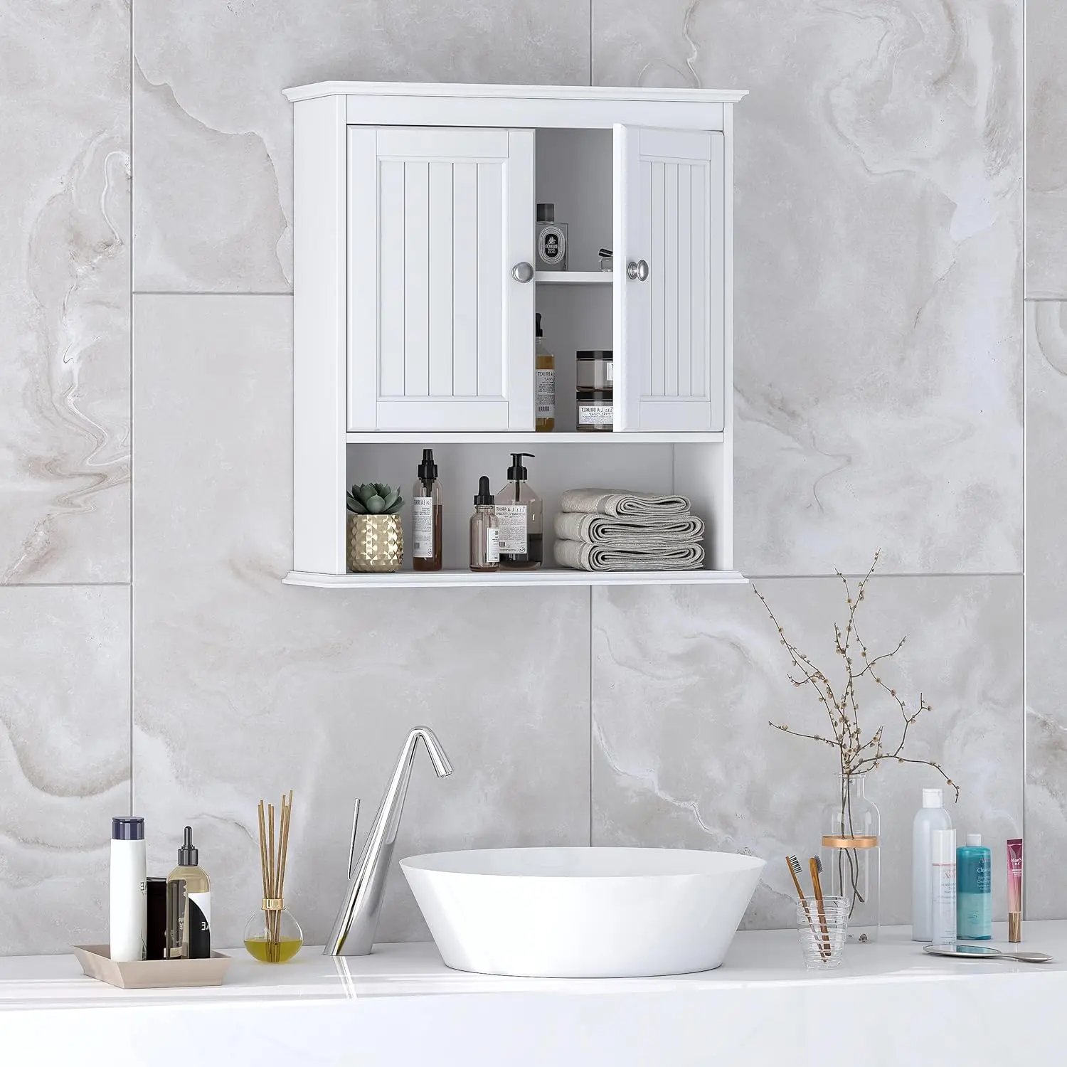 Bathroom Cabinet Wall Mounted with Doors, Wood Hanging Cabinet with Doors & Shelves Over The Toilet,Bathroom Wall Cabinet White 6