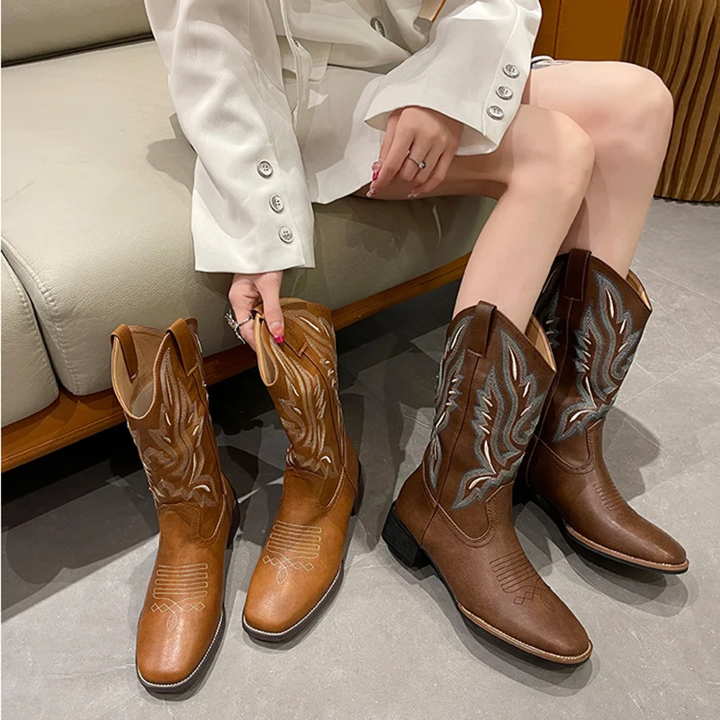 Women Boots Thick Heeled Leather Boots Women's V-neck Embroidered Knight Boots Female Side Zipper Long Retro Square Toe Boots