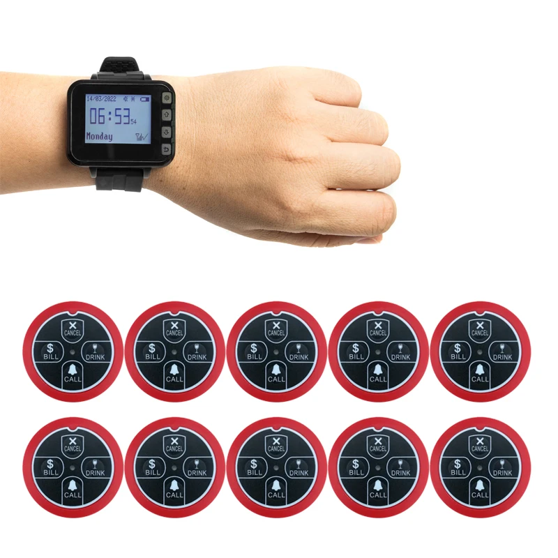 Ycall Restaurant Pager Oproepsysteem Draadloze Ober Horloge Pager Klok Met 10Pcs Waterpijp Belknop