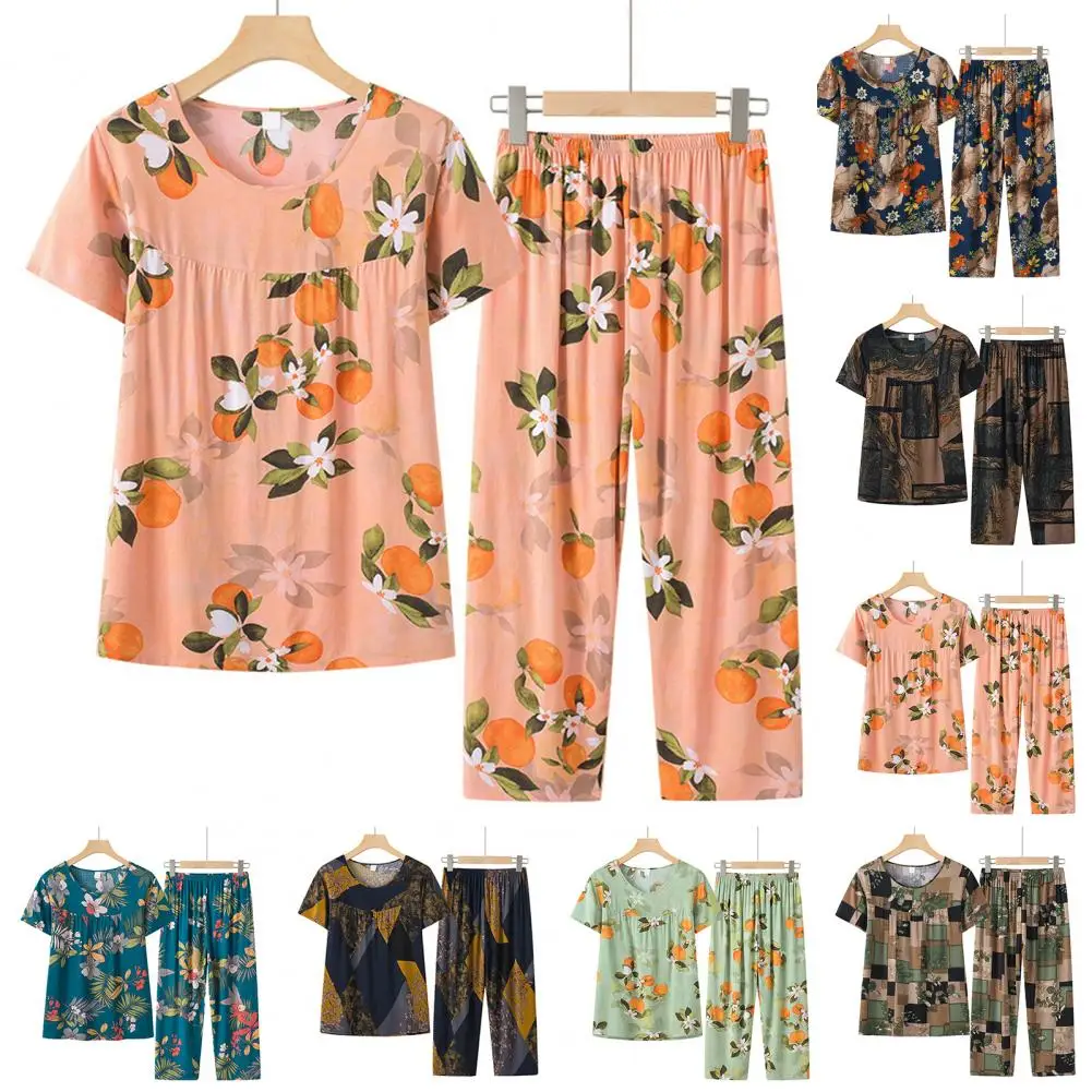 

2 Pcs/Set Grandma Summer Pajamas O Neck Elastic Waist Loose Wide Leg Colorful Flower Print Mid-aged Night Clothes Female Clothes