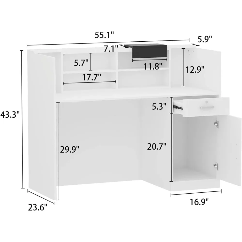 Modern Reception Desk Counter with Hutch, Adjustable Storage Cube, Lockable Drawer & 1 Door Cabinet, Office Wooden Computer Desk 2