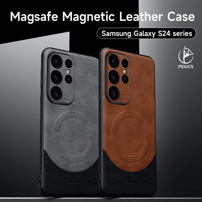 

For Magsafe Magnetic Leather Phone Case for Samsung Galaxy S24Ultra S24 S24Plus Cowhide Magnetic Wireless Charging Phone Cover
