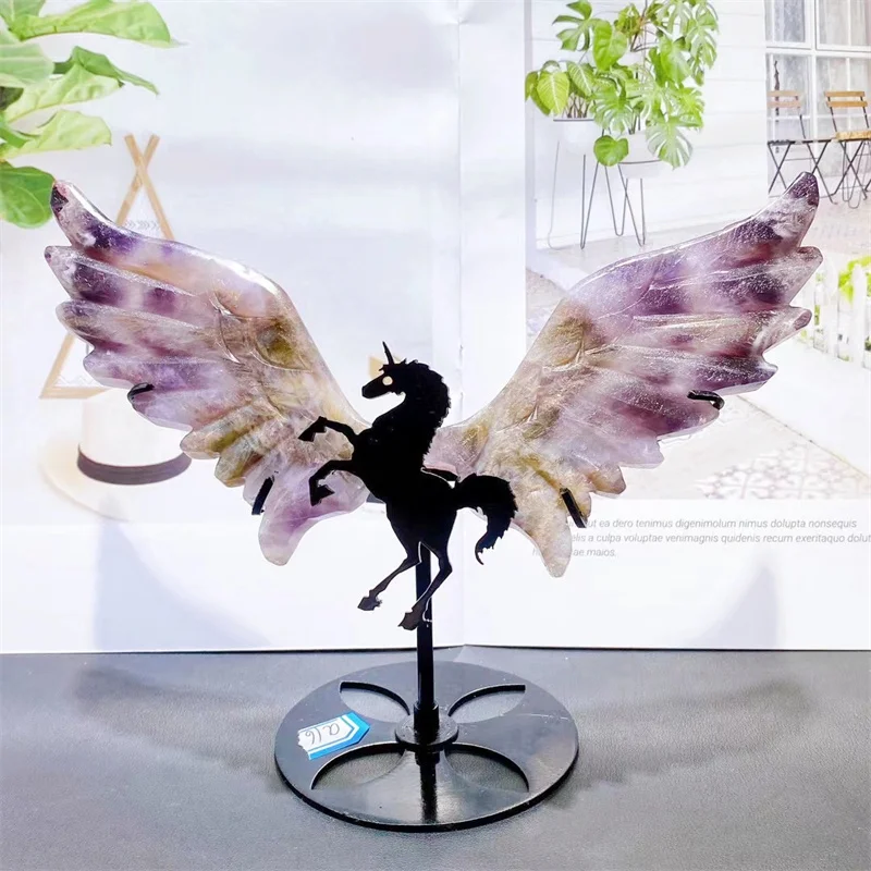 

Natural Dream Amethyst Unicorn Pegasus Crystal Hand Carved Polished Statue, Healing Energy Gemstone Crafts with Stand, 1Pair