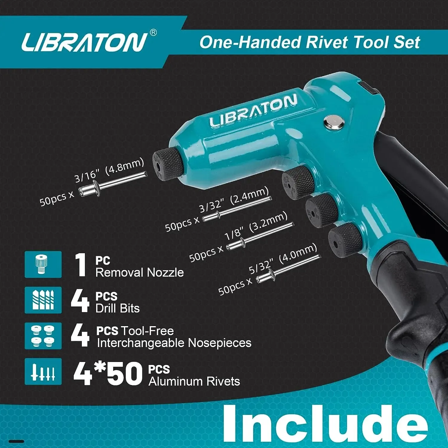 Libraton One-Handed Rivet Gun, Pop Rivet Gun Set, Professional Hand Riveter, Manual Riveting Tool with 200 Rivets for Metal 5