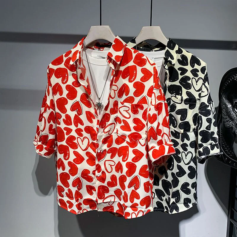 

Summer New Casual Fashion Love Printed All-match Shirt Male Turn Down Collar Loose Cardigan Top Men Oversized Cardigan Blouse