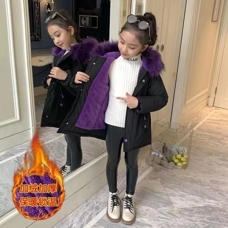 4-14 Years Teen Girls Winter Jacket Plus Velvet Warm Kids Windbreaker Coat Girls Fur Collar Hooded Parkas Children Outerwear