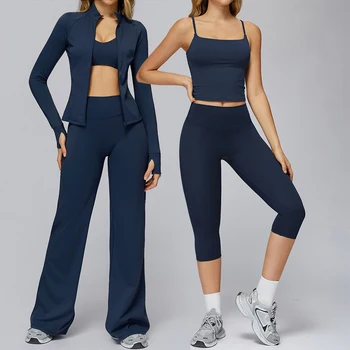 2PCS Yoga Set Women Tracksuit Workout Set Sportswear Gym Clothing Fitness Long Sleeve Crop Top High Waist Leggings Sports Suits 1