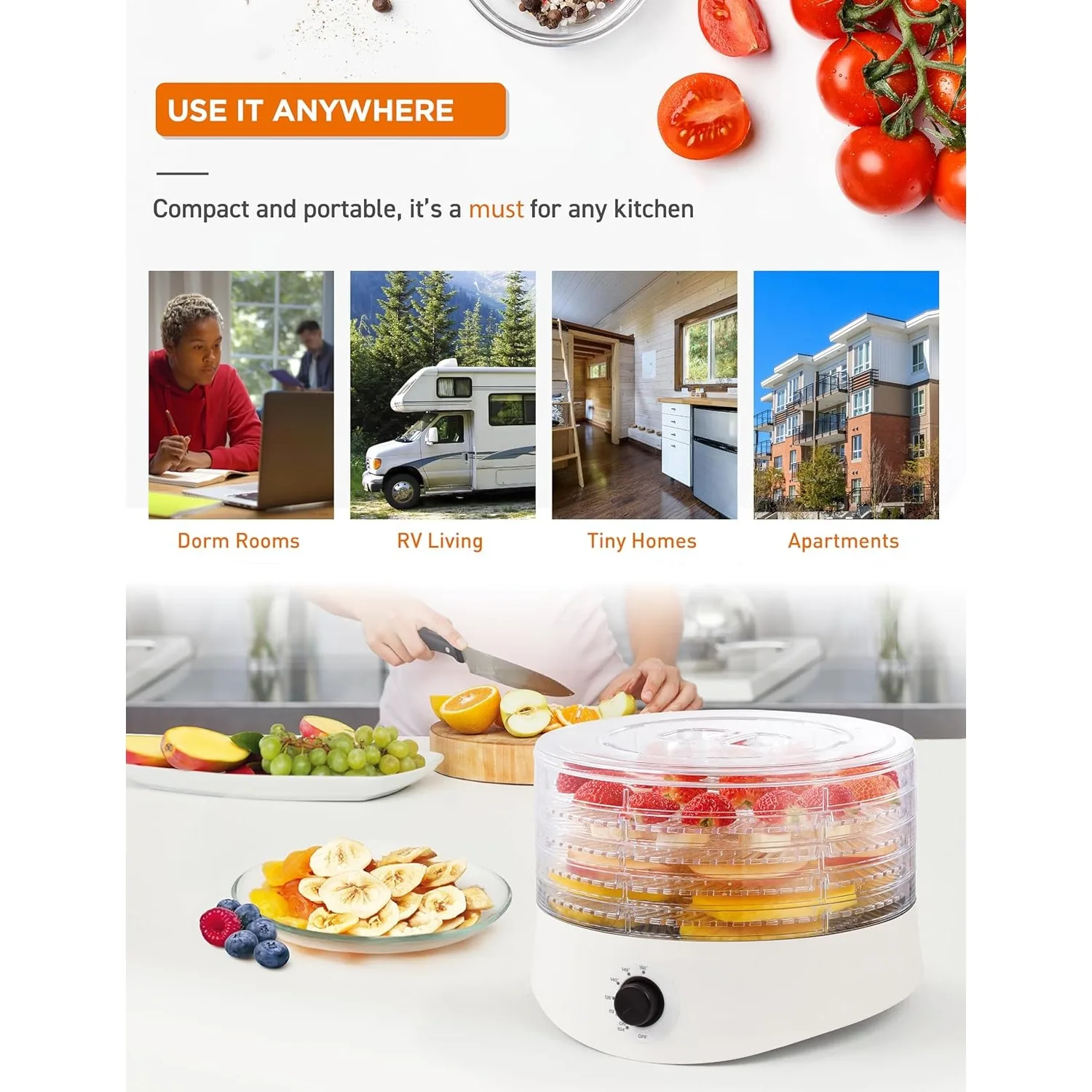 Food Dehydrator,  for Food & Jerky, 280W Meat Dehydrator Machine for Dehydrated Foods w/ 5 Drying Racks White 6