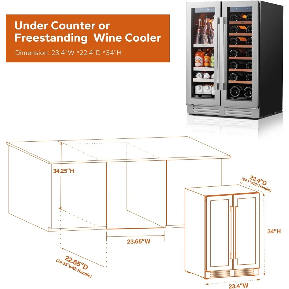 24 inch Dual Zone Drink Fridge with Glass Door, 3 Color LED Lights Wine Cooler for Beer Soda for Home Office Bar Bedroom 6