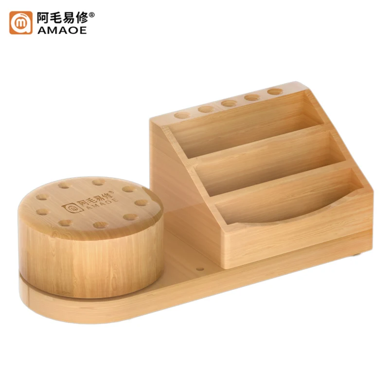 Amaoe 360° Rotating Storage Box Bamboo Wooden Organizing Holder Tweezers Screwdriver Steel Mesh Mobile Phone Organizer Tools