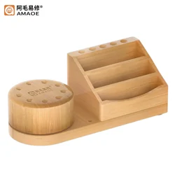 Amaoe 360° Rotating Storage Box Bamboo Wooden Organizing Holder Tweezers Screwdriver Steel Mesh Mobile Phone Organizer Tools