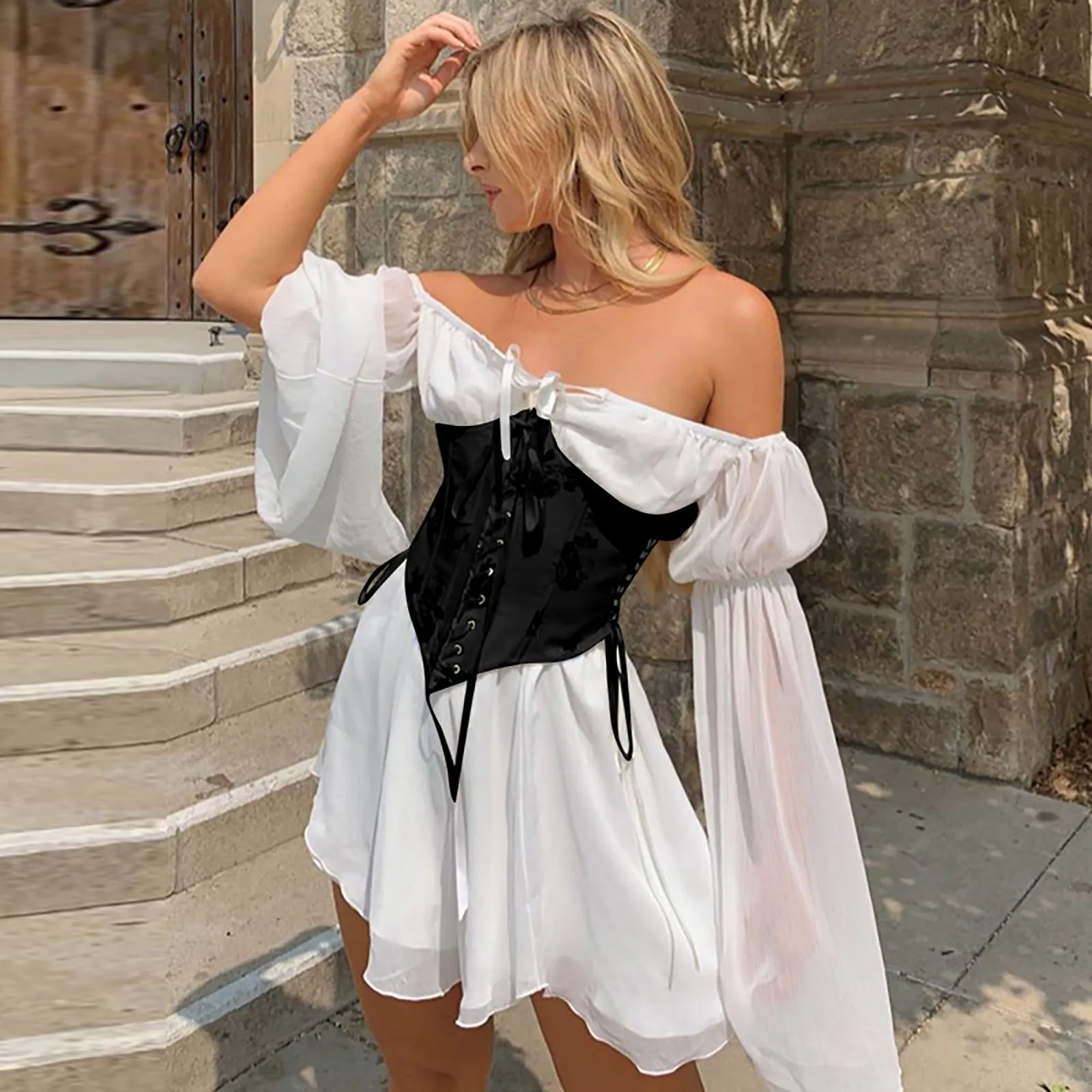 Women's Summer Chiffon Dress Sexy Off Shoulder Flare Sleeve Dress Lace ...