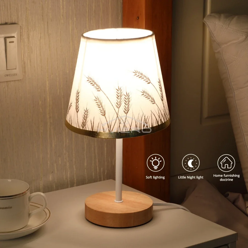 Wooden USB Table Lamp - Modern Bedside Nightstand Light with Cylinder Shade
