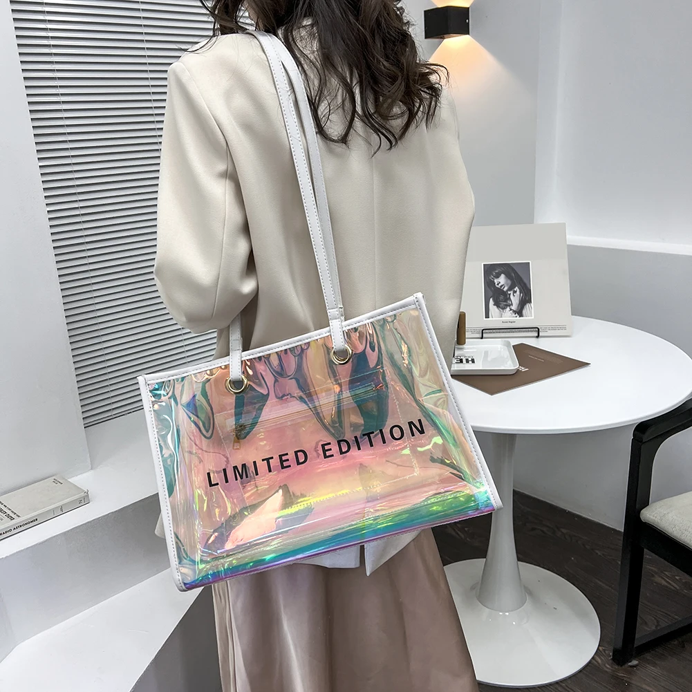 Cute Holo Transparent Bags For Women Laser Clear Handbags Holographic PVC  Candy Beach Waterproof Shoulder Bags Jelly Femme Bolso