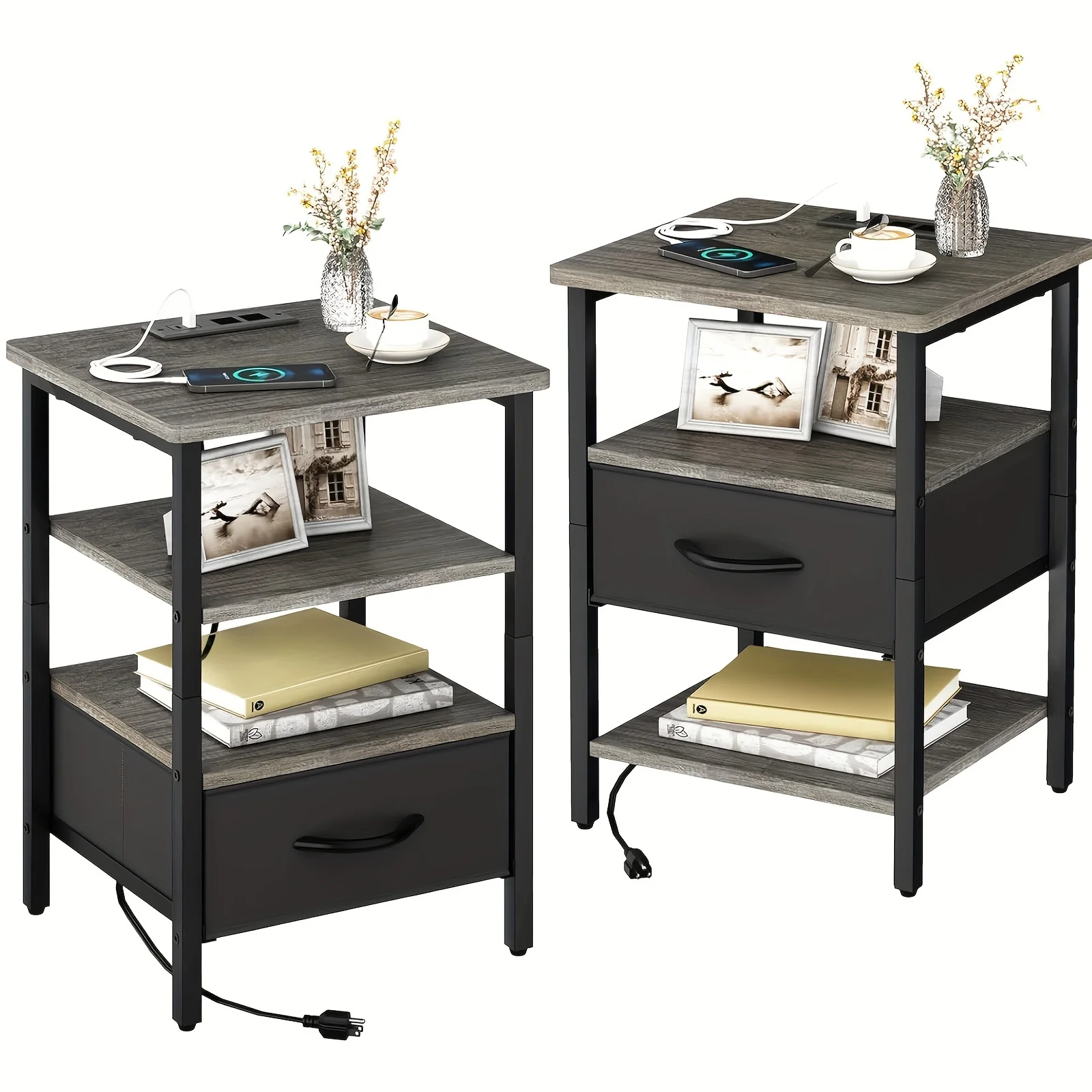 

2pcs Night Stand With Charger Station, Nightstand Bed Side Table With Adjustable Fabric Drawer, 3-Tier Storage End Table For Liv