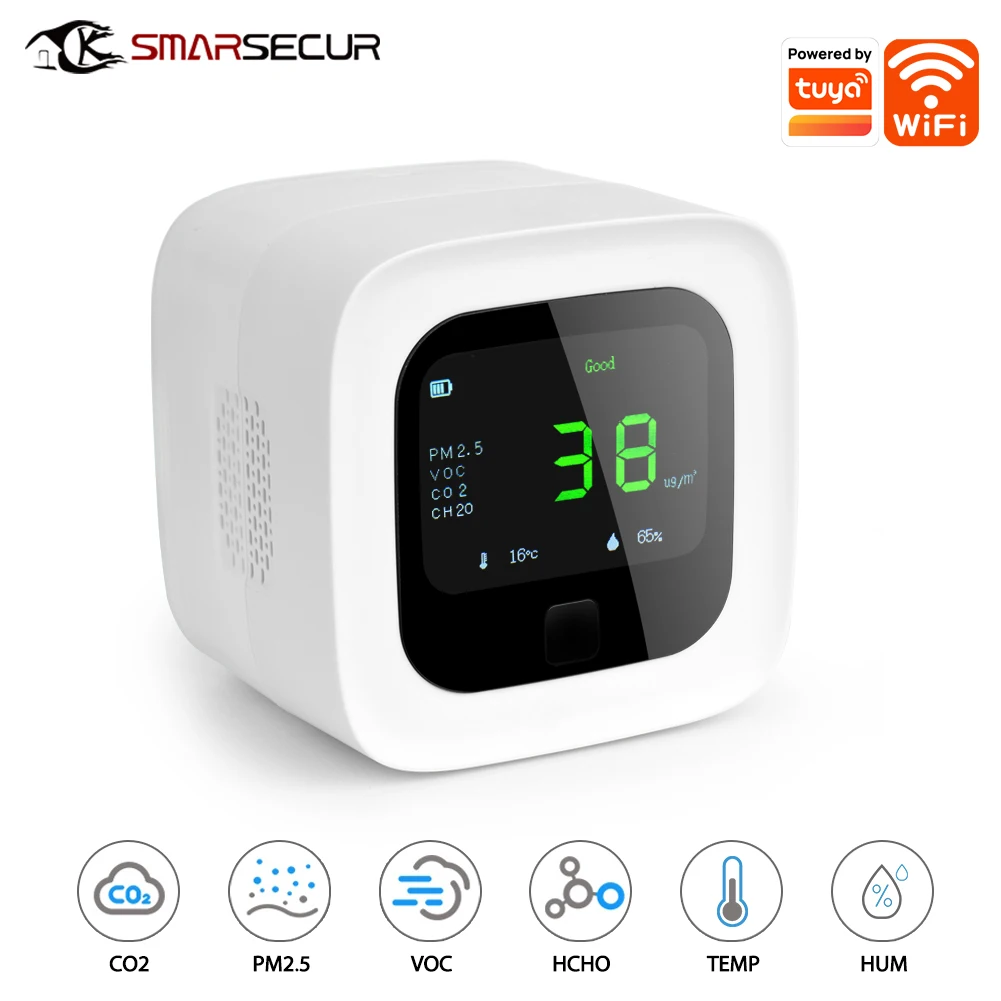 

WiFi Air Quality Sensor Tuya Air Quality Monitor TFT Screen HCHO CO2 PM2.5 VOC Humidity Temperature Detection Battery