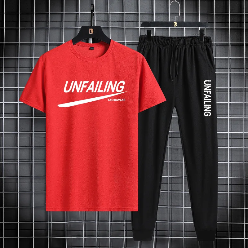 Summer Korean version slim summer short sleeved long pants set short sleeved casual sports round neck pullover comfort sports suit