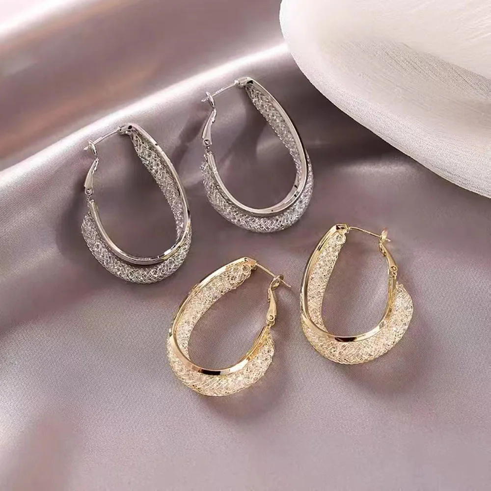 

Gold Color Metal Mesh Crystal Hoop Earrings Women Fashion Jewelry 2023 New Luxury Geometric Grid Big Circle Earings Femme
