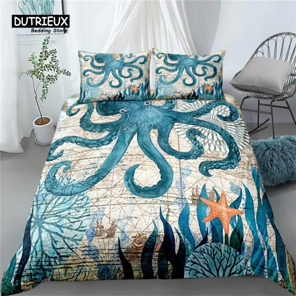 

Ancient Marine Octopus Duvet Cover Set, Octopu Bedding Set, Soft Comfortable Breathable Duvet Cover, For Bedroom Guest Room