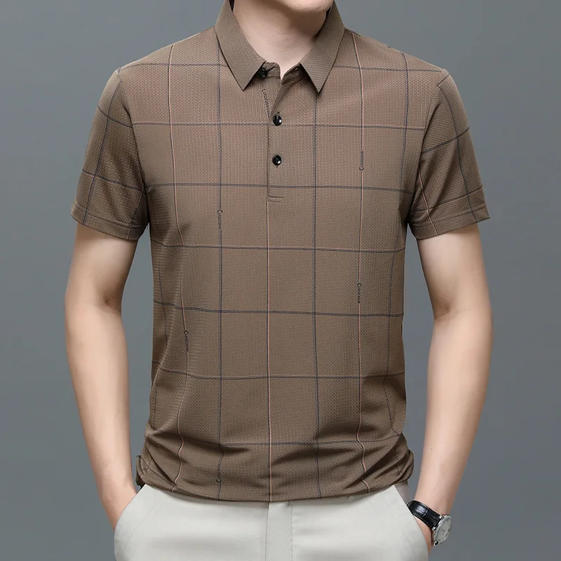 

2023 Summer Female Clothing Casual Polo Short Sleeve Lapel T-shirt Men's Business Fashion Striped Plaid Button Loose Tops