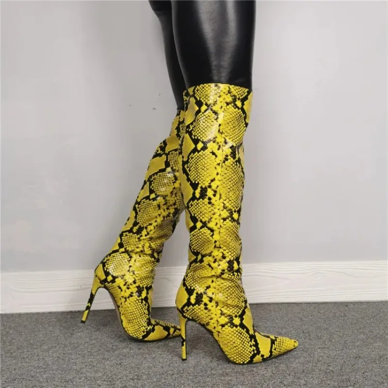 

2024 Handmade Women Knee High Boots Stiletto High Heels Boots Pointed Toe Yellow Snake Pattern Club Shoes Women US Size 5-15
