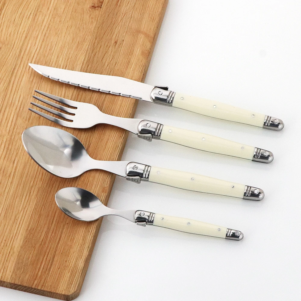 Jaswehome Laguiole Cutlery Set 4piece Steak Knives Forks Soup Spoons Teaspoons Ivory Color Flatware Stainless Steel Tableware