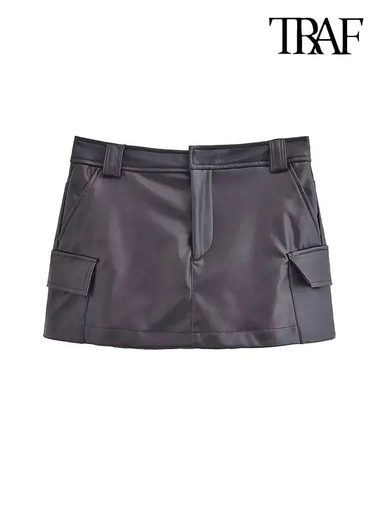 

TRAF-Women's With Pockets Faux Leather Shorts Skirts, Mid Waist Zipper Fly Female Skort, Fashion